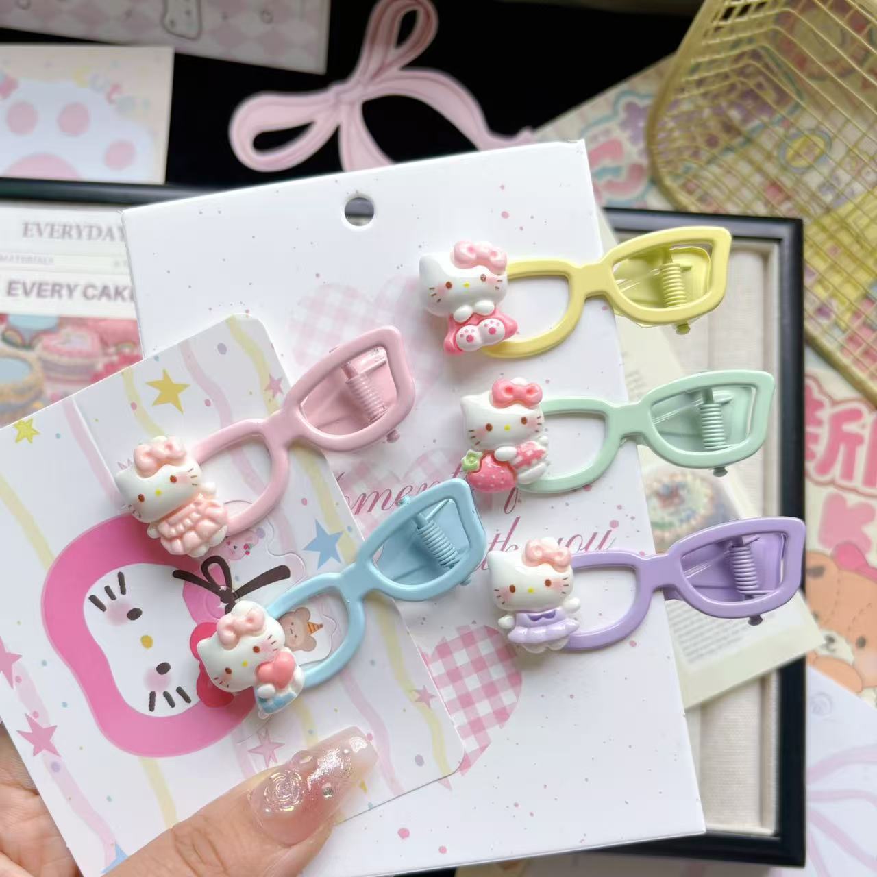 만화 귀여운 Bowknot Kt 고양이 새로운 안경 머리핀 달콤한 ins 소녀 앞머리 사이드 머리핀 헤어 액세서리