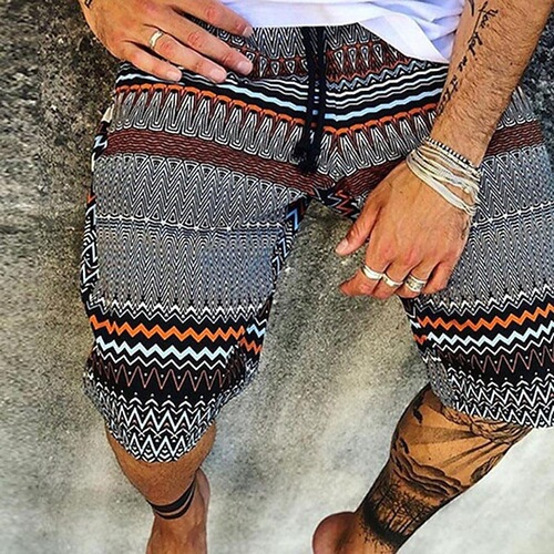 Classic Retro Tribal Geometric Totem 3D Print Men's Summer Casual Versatile Loose Beach Shorts