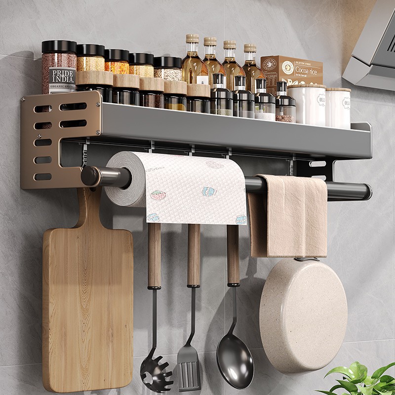 Gun Gray Kitchen Storage Rack Space Aluminum Punch-Free Multi-Functional Household Supplies Spice Storage Rack Knife Holder Wall-Mounted