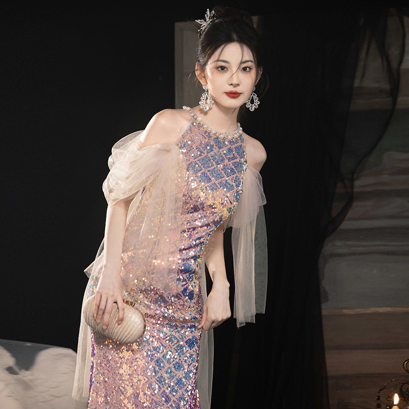 Heavy Industry Evening Dress Female High-end Host Banquet Temperament Bright Flash Pink Fishtail Toast Dress Bride High-end Autumn