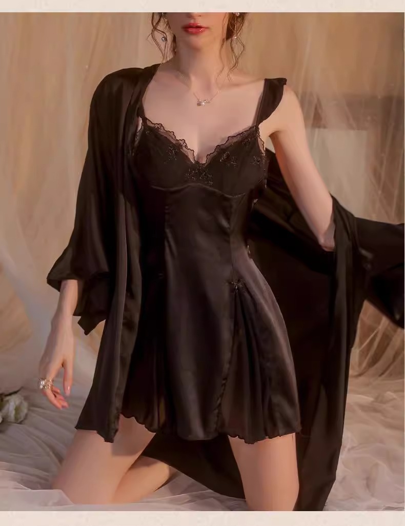 Conjunto de camisón y pijama sexy para mujer, otoño e invierno, de alta gama, estilo puro y sensual, para busto pequeño con almohadillas, camisón de seda helada con encaje.