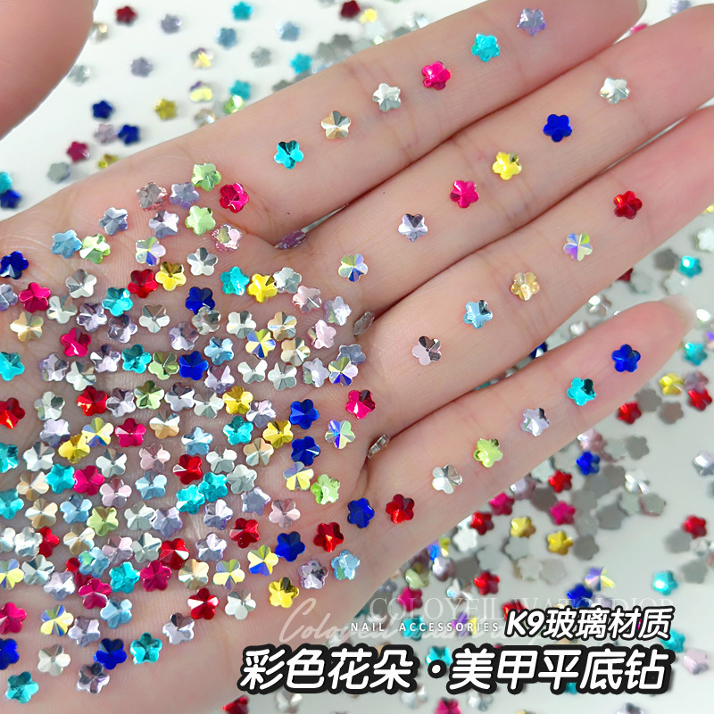 Plum Blossom Flat-Bottom Rhinestones for Nail Art, Small Colorful Flower Sparkling Nail Decorations, White and Pink Nails, K9 Rhinestones Wholesale