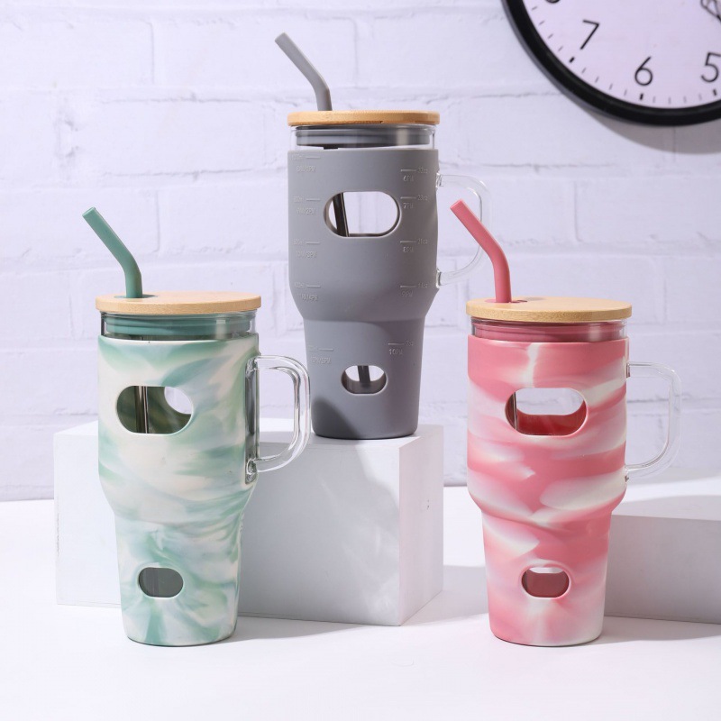 Taza de vidrio de 30oz, cubierta de silicona a prueba de caídas, taza de paja de gran capacidad con mango, taza de menú de hielo