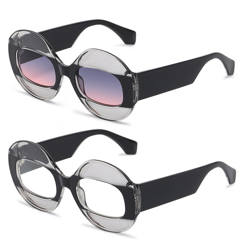 2023跨境新款时尚圆框白片遮阳镜 个性拼色防晒墨镜太阳眼镜批发