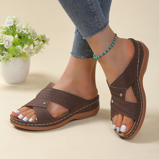 Cross-border Foreign Trade Large Size 2023 Summer New Casual Round Head Cross Belt Hollow High Heel Women's Wedge Slippers for Women