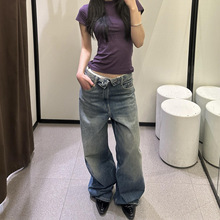 Z家TRF中腰破洞宽松水洗翻边牛仔裤女26春夏款海蓝色休闲阔腿长裤