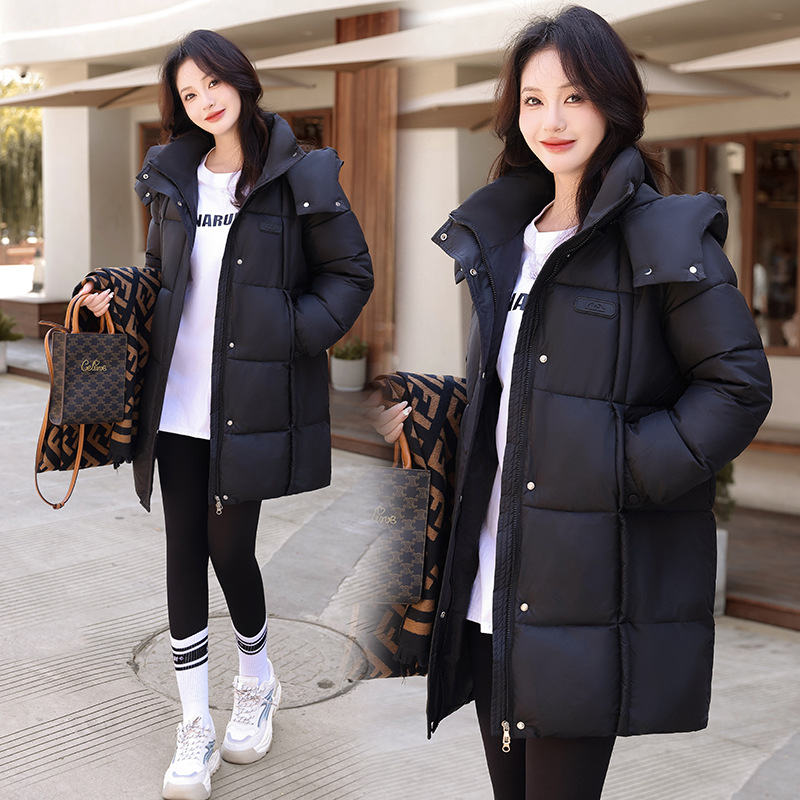 韩版拆帽棉服女中长款2025冬季新款保暖加厚棉衣显瘦休闲纯色外套