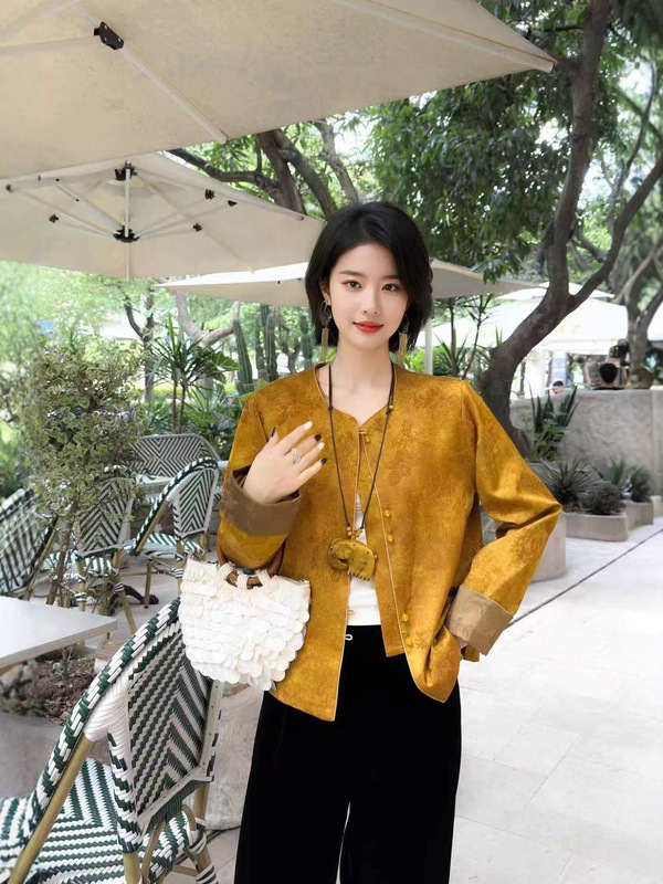 人丝香云纱提花外套女2025秋季新款新中式圆领撞色拼接百搭小外套|undefined