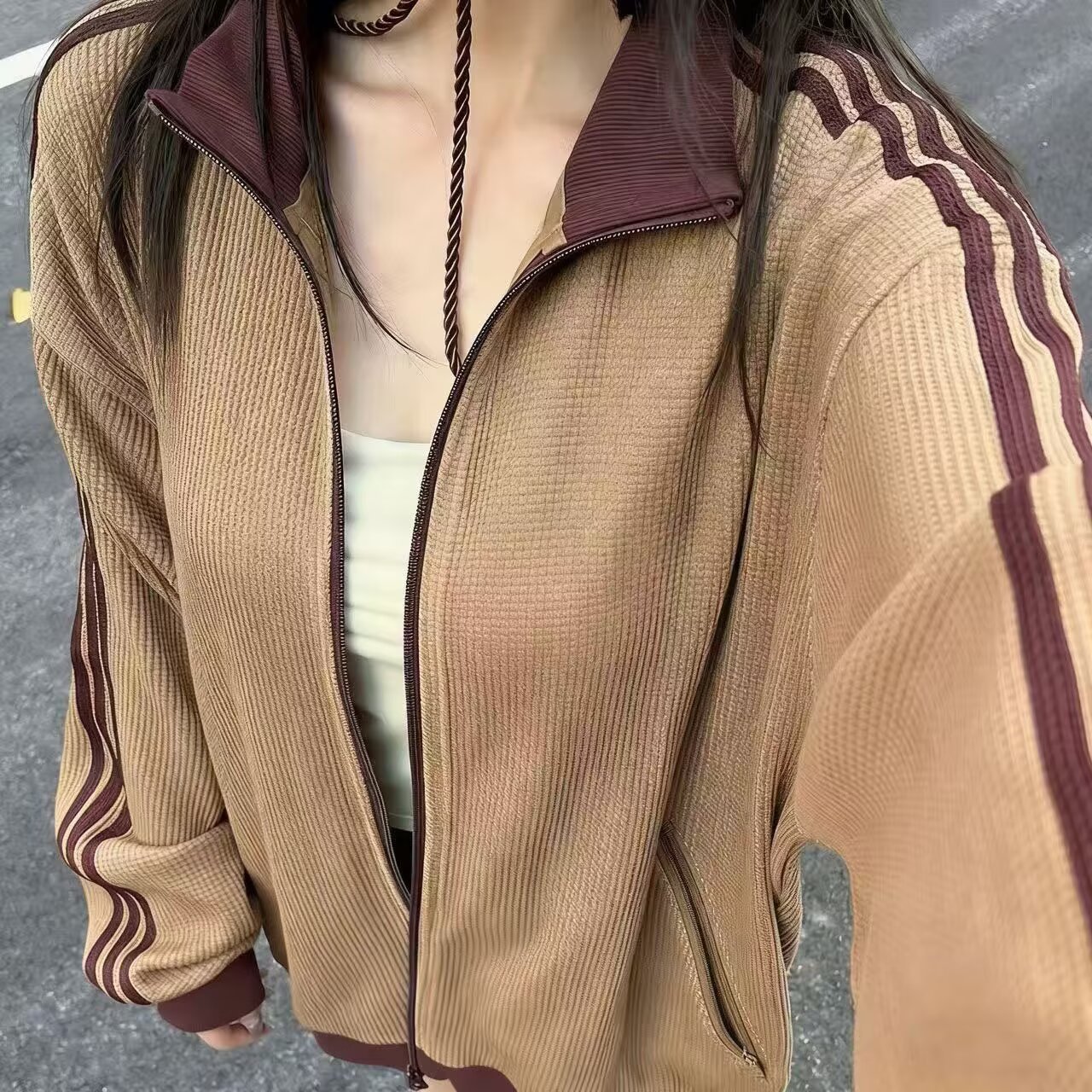 解构条纹开衫卫衣男春秋宽松潮流撞色潮牌美式情侣棒球服夹克外套