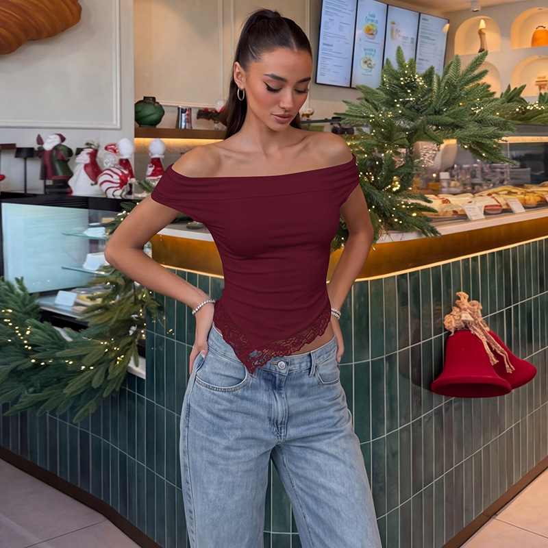 Women's 2026 Summer New Sexy Spice Girl Shoulder Lace Solid Color T-Shirt Top_ecoleips.com