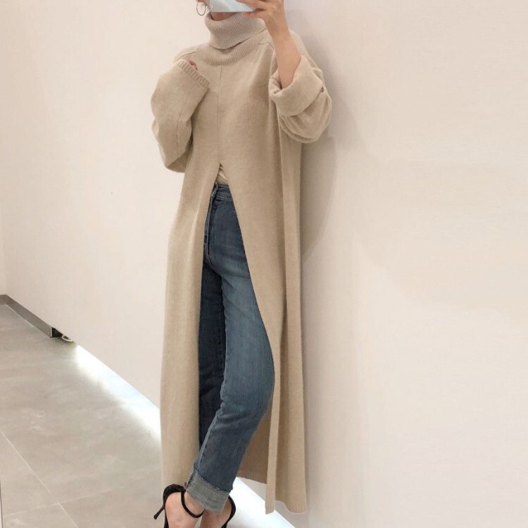 Korean Ins New Fashion Stylish High-Neck Pullover Long-Sleeve Long Sweater Knit Dress with Slit Design