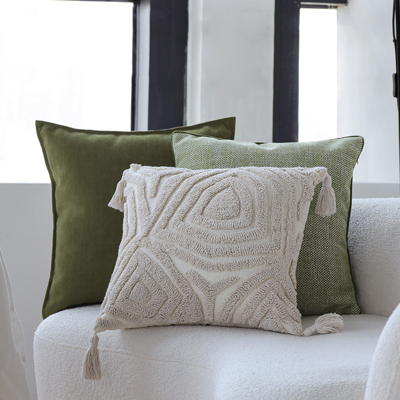 Tufted Pillow Green Cushion Pillow Sofa Chenille Cushion Model Room Bay Window Decorative Back Pillow Cross-Border