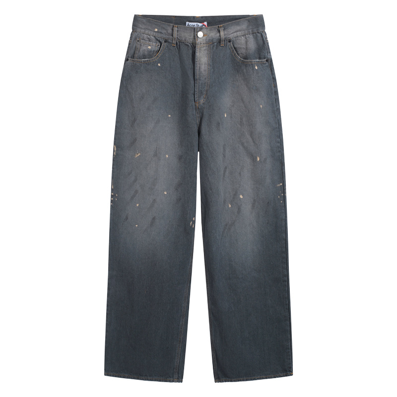 クロスボーダーのトレンディなAC手描きのスプラッシュインクのほつれ加工のウォッシュ加工のダメージ加工のパンツ、男性と女性用、ゆったりと多用途、軽くて豪華なワイドレッグジーンズ