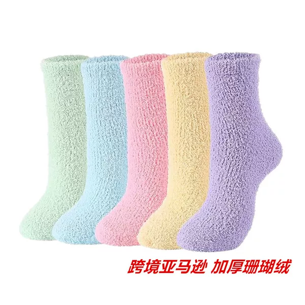 Cross-Border Solid Color Coral Velvet Socks Mid-Calf Socks Autumn and Winter Warm Home Floor Socks Women's Thickeneded Towel Slippers Socks