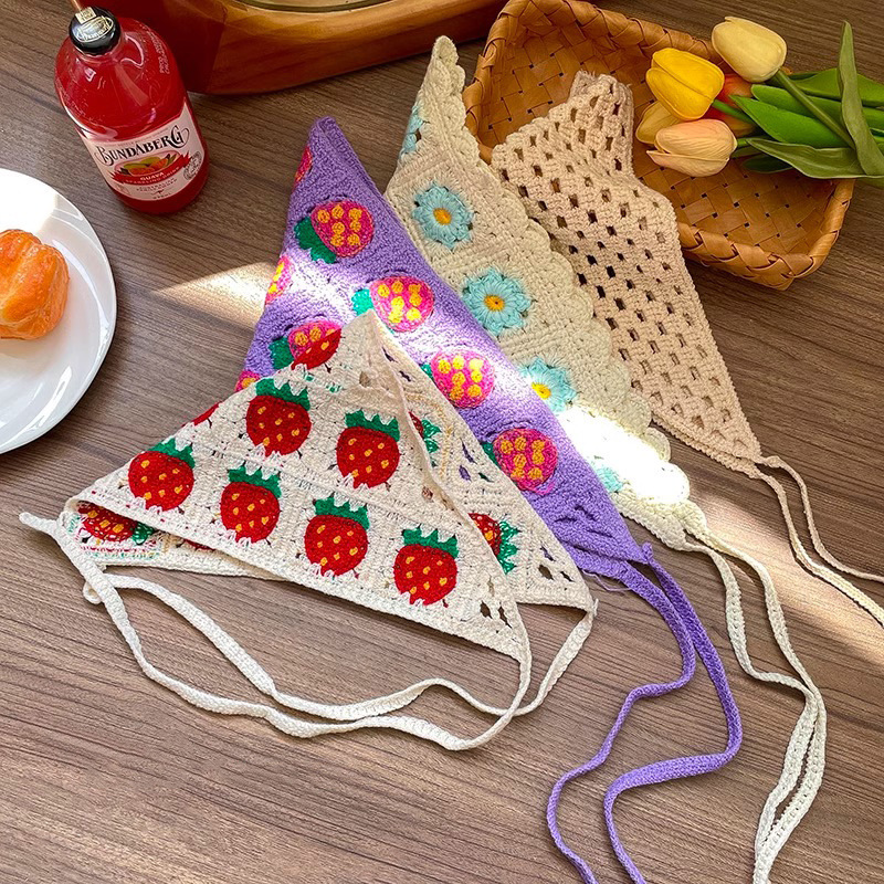 Toalla triangular de encaje hecha a mano de punto retro francés para viajar Turbante de estilo literario de temperamento dulce 2025 nueva diadema