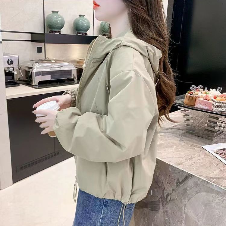 连帽短款纯色小个子冲锋衣外套女春秋宽松休闲夹克双拉链潮流上衣|undefined