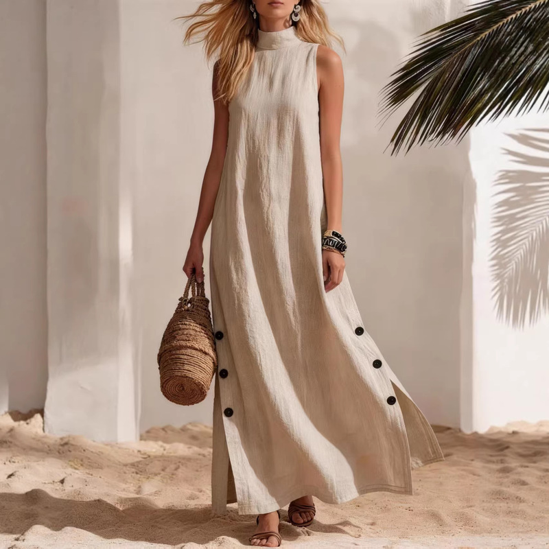 2026 New In-Stock Products European and American Cross-Border Women's Beach Vacation Style Casual Solid Color Cotton and Linen Sleeveless Side Slit Mid-Length Dress 2026 New In-Stock Products European and American Cross-Border Women's Beach Vacation Style Casual Solid Color Cotton and Linen Sleeveless Side Slit Mid-Length Dress