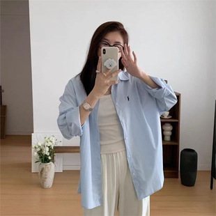 休闲蓝色宽松衬衫上衣2024韩版新款百搭刺绣长袖衬衣外套ins-阿里巴巴
