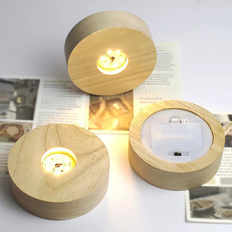 Round battery box solid wood luminous base LED crystal lamp holder night light 3 batteries with switch ornaments