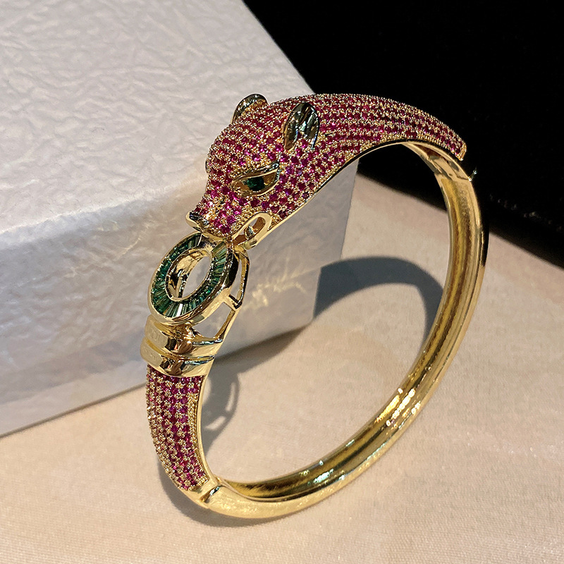 クロスボーダー新作ヒョウ柄18Kゴールドフルダイヤモンドジルコンカジアブレスレット女性用Amazon人気レトロファッションメッキ