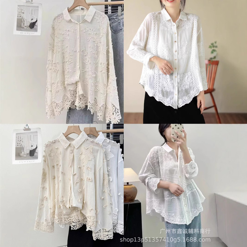 Artistic Embroidered Long-sleeved Shirt French Style Spring and Autumn Korean Style Loose Casual Polo Collar Loose Irregular Top