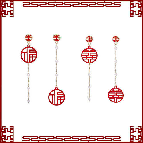 中国风龙年耳饰红色春节适合过年的双囍福字耳环喜庆新年耳钉耳夹