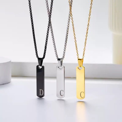 Stainless Steel 26 Letter Necklace For Men Rectangular Pendant_voghion.com