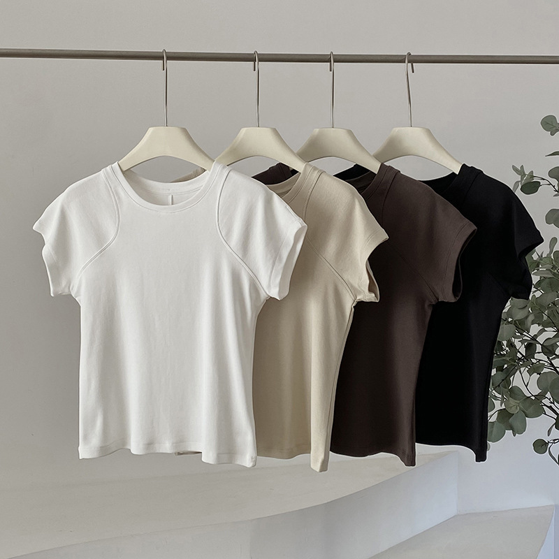 Special Offer~ High-Elastic Fine Cotton Deconstructed Round-Neck T-Shirt with Small Flutter Sleeves, Unique Design, Niche Women's Top, Slim Fit Base Layer
