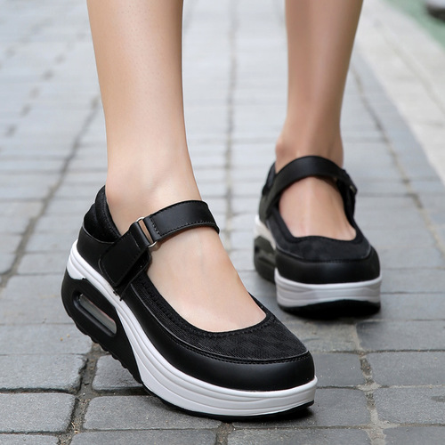 Women's Sporty Breathable Casual Low-Top Shoes with Thick Insoles, Lightweight Nurse Shoes, Black with Buckle, Plus Size Women's Shoes