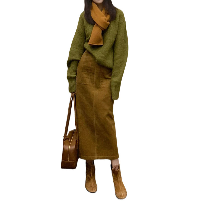 가을 여성의 2025 새로운 외국식 연령 감소 니트 스웨터 하이 허리 엉덩이 스커트 투피스 세트 세트