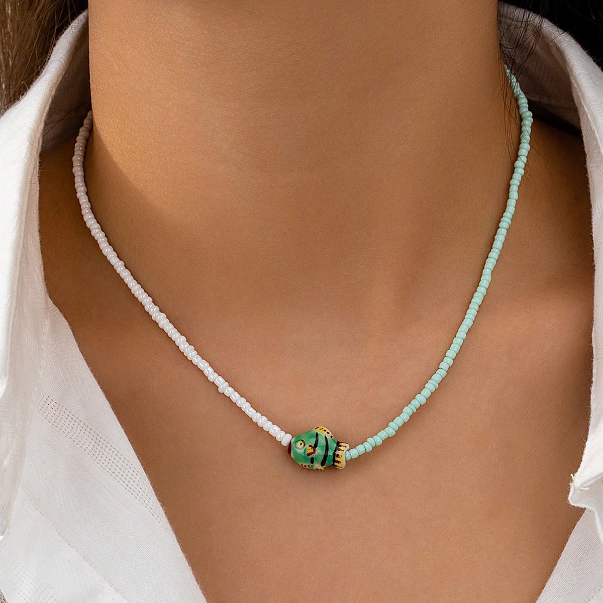 glass Pendant Material Necklace Classification Casual Classic Style Fish Beaded Beaded Chain Lobster Trigger Clasp Closure Beaded Necklaces Wholesale