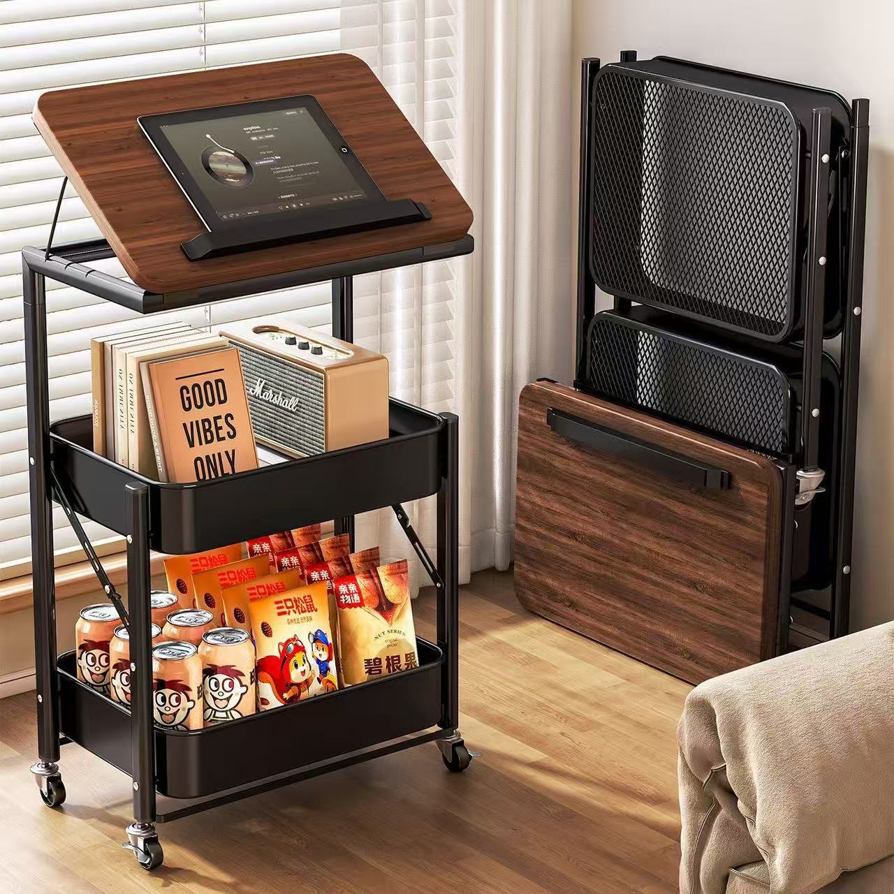Storage Rack Trolley, Foldable Living Room Trolley, Chinese-Style Mobile Trolley, Reversible Table Top Trolley, Wholesale