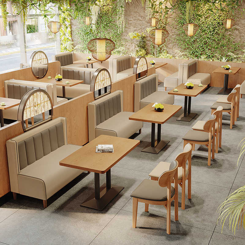 Restaurant Furniture Solid Wood Dining Table and Chairs Milk Tea Shop Dessert Shop Table and Chair Combination Western Restaurant Soft Package Booth Table and Chairs Wholesale