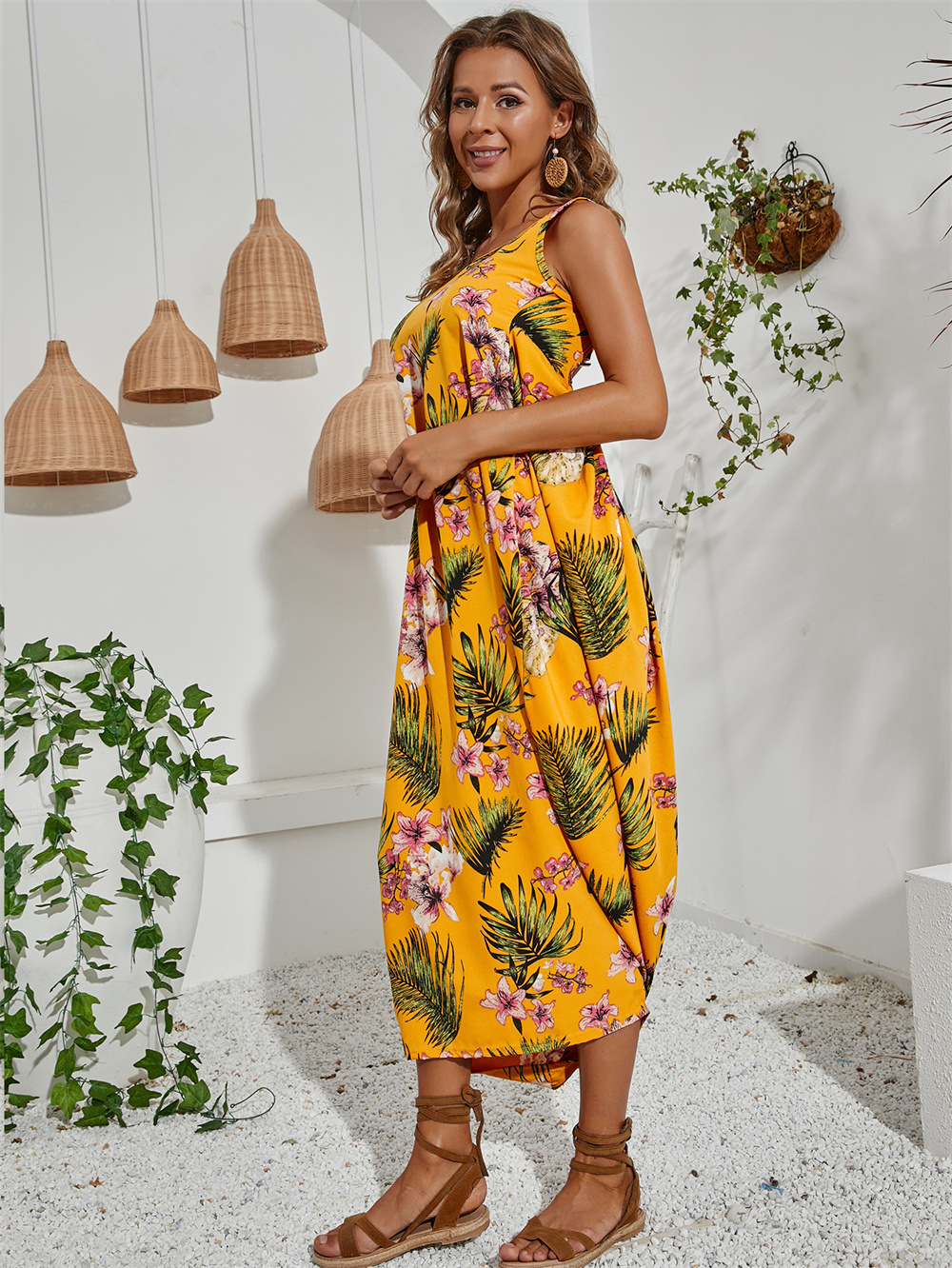 亚马逊wish欧美跨境新款夏季无袖印花松紧腰显瘦不规则连衣裙