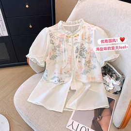 新中式刺绣提花假两件衬衫女夏装设计感高端时尚气质雪纺短袖上衣