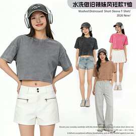 新款240克纯棉美式复古水洗T恤高街短款露脐短袖女辣妹风潮流上衣
