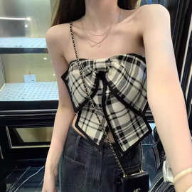 韩版胸前大蝴蝶结设计抹胸复古格子吊带女士外穿短款裹胸上衣夏季