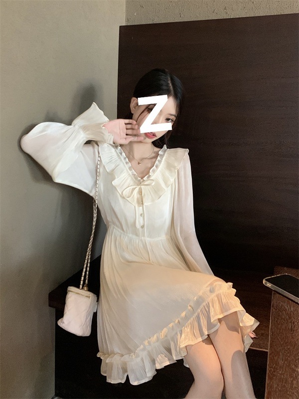 温柔风V领系带长袖连衣裙女木耳边春秋新款法式气质显瘦边小白裙|undefined