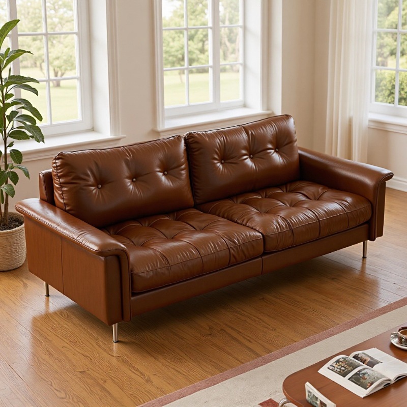 Two-Seater French-Style Straight-Line Leather Sofa, Nordic Retro Home Living Room Brown Nebula Longjiang Sofa for Small Apartments