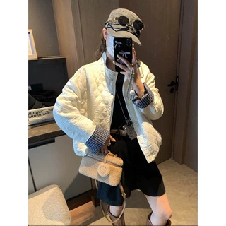 摩且 韩系文艺感 格纹拼接立领轻薄菱格衔缝保暖棉服外套 MQ0926