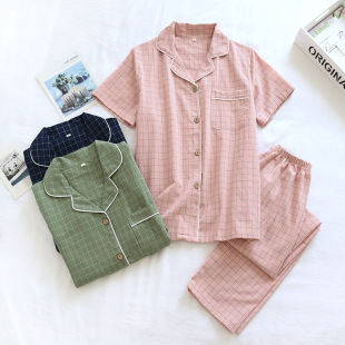 Pajamas Women's Cotton Short-sleeved Pants Set Summer Couple Wear Thin Single Layer Japanese Plaid Men's Home Wear Wholesale