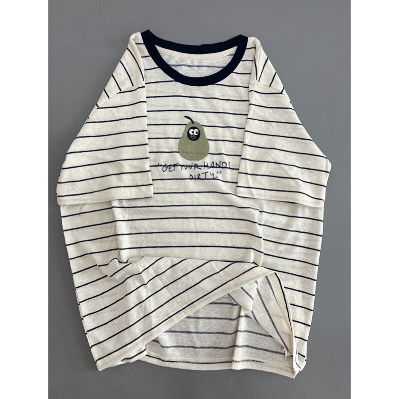 Fun Penguin Green Pear Embroidered Short-Sleeved T-Shirt Women's Stripesd Color Matching T-Shirt Casual Style Niche Top Tee Bottoming Shirt