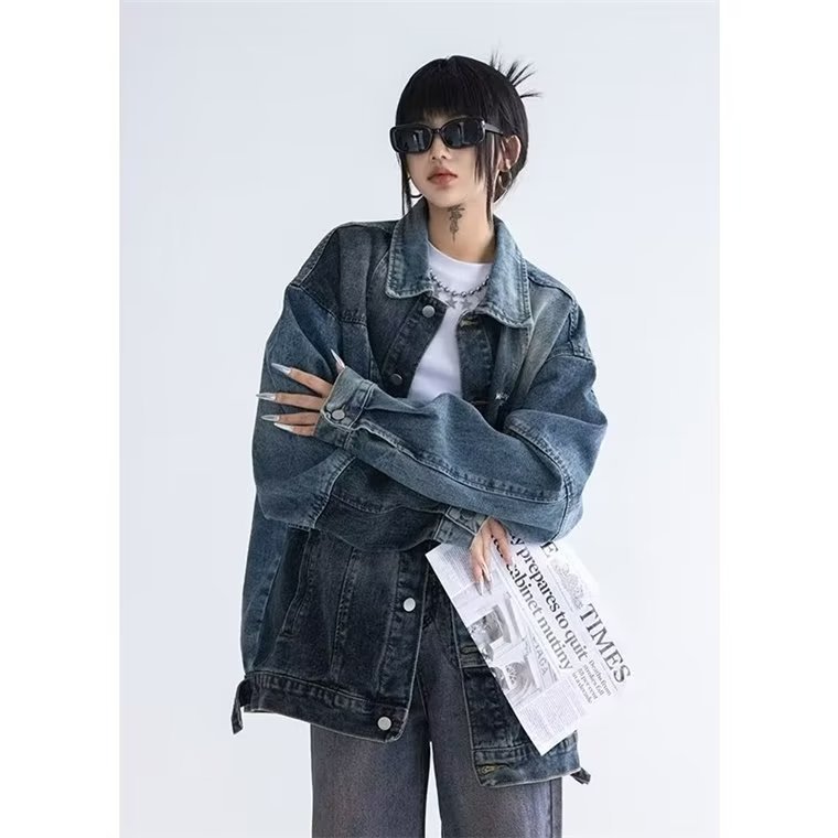 2025春季宽松小众设计感拼色牛仔衣夹克上衣复古蓝拼接牛仔外套男