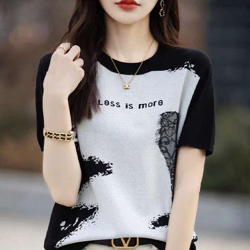 2024 Summer Ice Silk Knit Sweater with Round Neck and Short Sleeves for Women, Color-Blocking Ink Painting Knit Top, Versatile and Stylish for Commuting