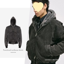 尾货座山雕短款棉服男冬季加厚羊羔绒外套水洗做旧连帽棉狼灰色