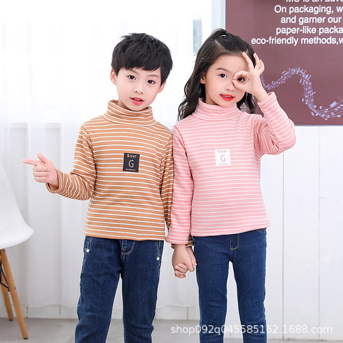  Children's Base Shirt Half-Neck Fleece Men and Women's Children Striped Long-Sleeve Warm Top Trendy Korean Version Autumn and Winter Children's Clothing