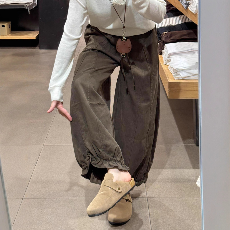咖色九分花苞休闲裤女秋季大码胖mm宽松显瘦小个子垂感阔腿气球裤|undefined