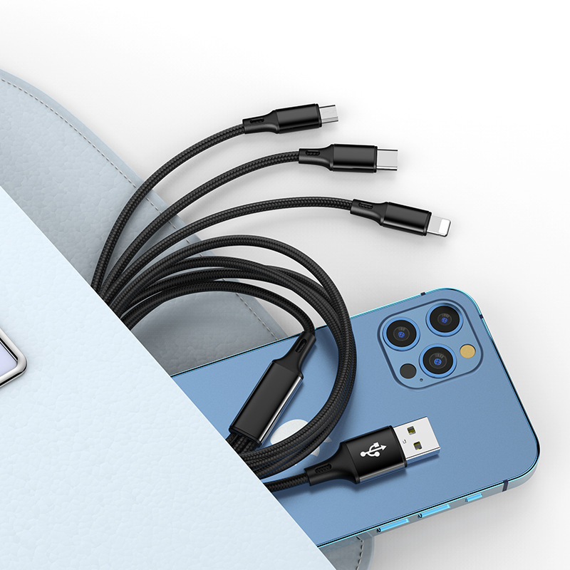 三合一携帯電話充電ケーブルLightning android Type-c1.2メートル黒編み充電ケーブル|undefined