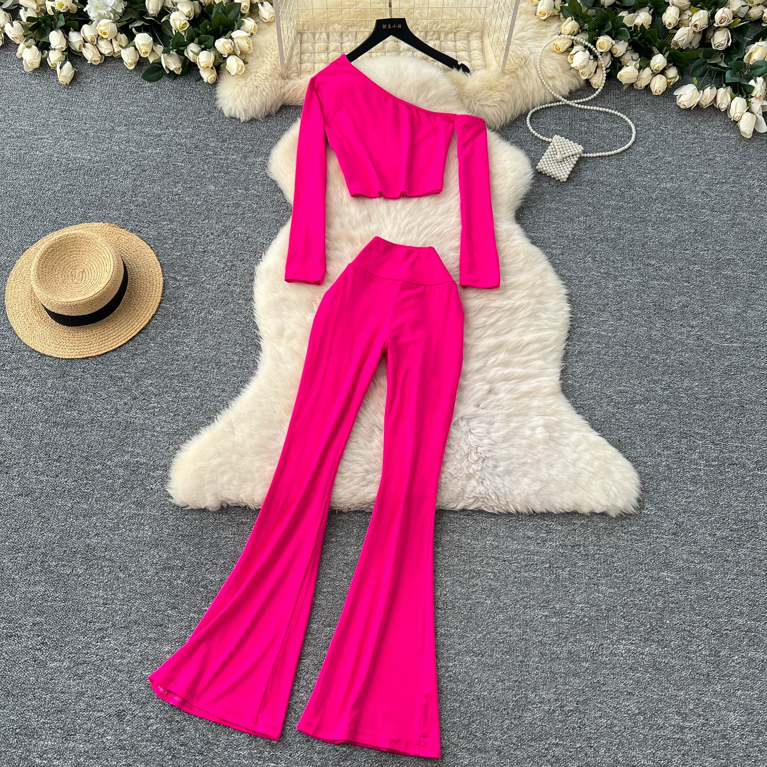 Европейские и американские сексуальные диагональные воротники с длинными рукавами и длинными рукавами с коротким пупком женские брюки с высокой талией