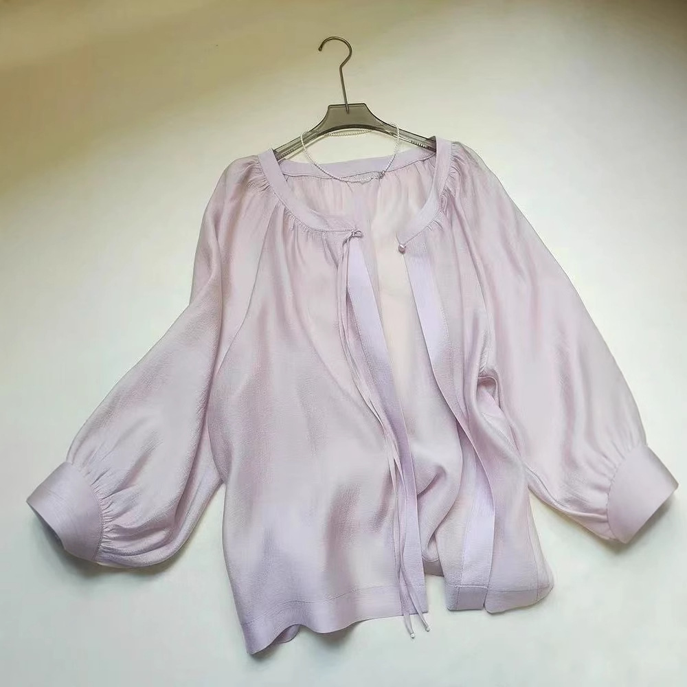 여름용 여성용 프렌치 퍼플 7부 소매 쉬폰 셔츠 얇은 자외선 차단 셔츠 하이 엔드 퍼프 슬리브 베이비돌 탑